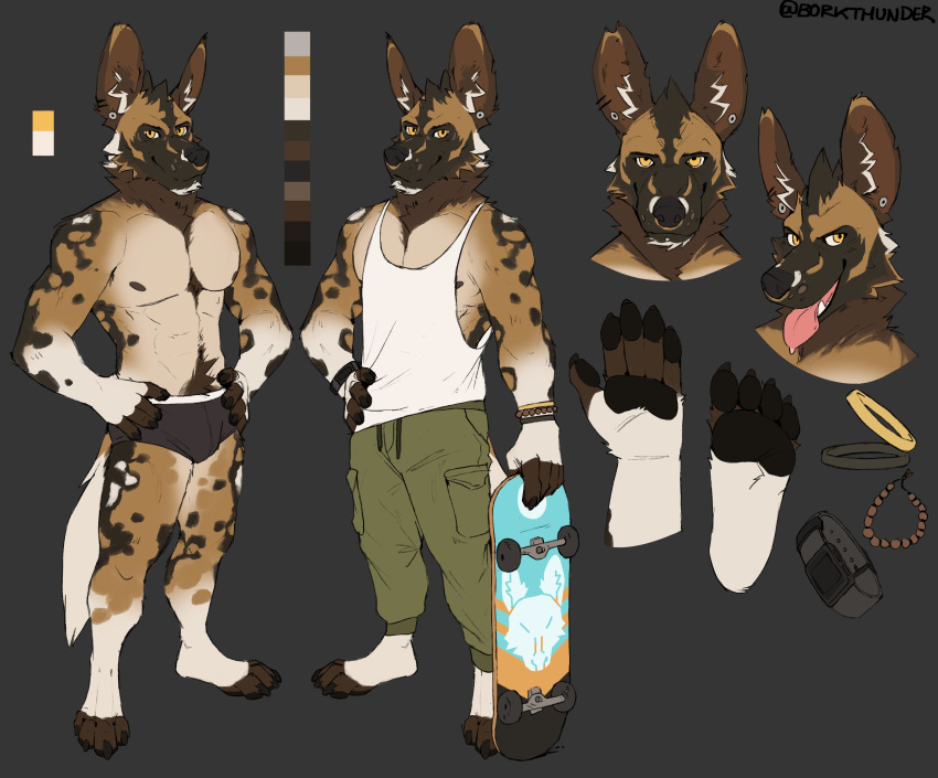 absurd_res african_wild_dog anthro borkthunder bottomwear canid canine clock clothing green_bottomwear green_clothing green_pants hi_res humanoid jewelry male male/male mammal model_sheet pants raphael_(cursed.jpg) shirt skateboard solo tongue tongue_out topwear watch white_clothing white_shirt white_topwear yellow_sclera