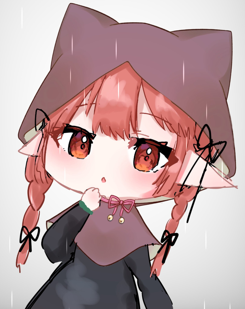 1girl animal_ears ao_orin_ringo bell blush braid capelet cat_ears chestnut_mouth chibi grey_background hand_up highres hood jingle_bell kaenbyou_rin looking_at_viewer pointy_ears poncho rain red_hair solo touhou twin_braids