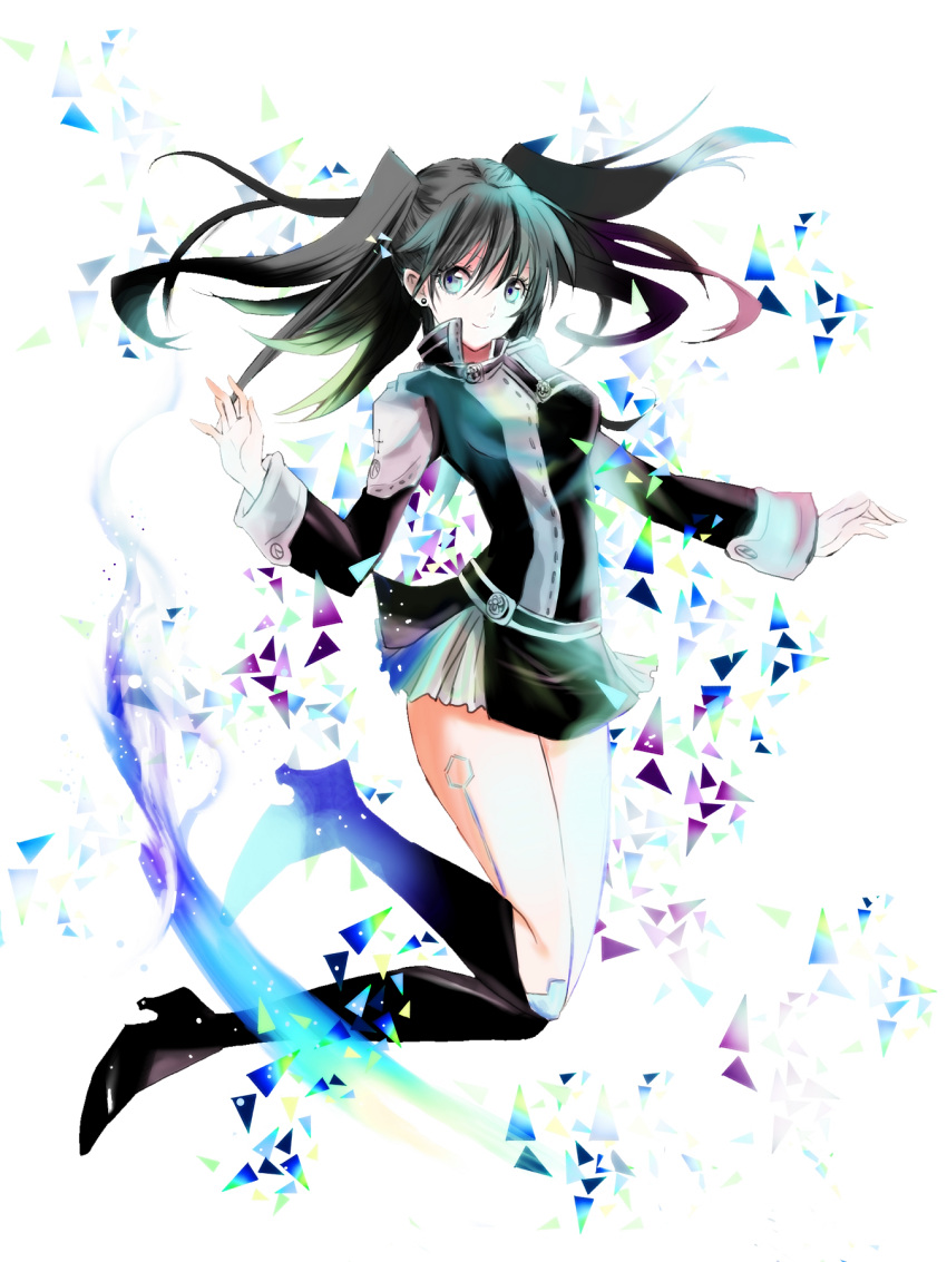 1girl bangs black_footwear black_hair black_jacket black_order_uniform boots closed_mouth d.gray-man floating_hair full_body gradient_hair green_eyes green_hair hair_between_eyes highres hyke0929 jacket knee_boots lenalee_lee long_hair long_sleeves looking_at_viewer miniskirt multicolored_hair pleated_skirt skirt smile solo twintails very_long_hair white_background white_skirt