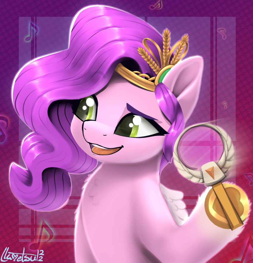 crown equid equine eyebrow_through_hair eyebrows eyelashes female feral fur green_eyes hair hasbro hi_res holding_object hooves llametsul magnifying_glass mammal mlp_g5 musical_note my_little_pony open_mouth open_smile pegasus pink_body pink_fur pipp_petals_(mlp) purple_hair raised_eyebrow signature smile solo tiara translucent translucent_hair wavy_hair wings