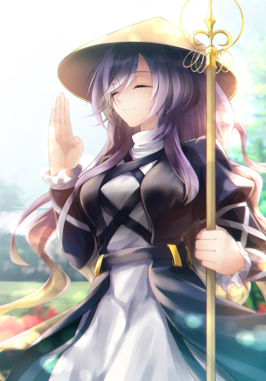 1girl absurdres ajirogasa black_dress breasts brown_hair brown_headwear closed_eyes closed_mouth cowboy_shot cross-laced_clothes dress gradient_hair hat highres hijiri_byakuren holding holding_scepter kinese_(katasutorohu) layered_dress long_hair long_sleeves multicolored_hair purple_hair scepter shakujou smile solo staff standing touhou wavy_hair white_dress