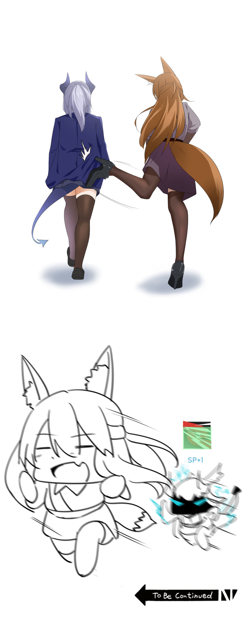 2girls absurdres animal_ears arknights black_hair black_skirt brown_hair chibi dragon_girl dragon_horns dragon_tail fang fox_ears fox_girl fox_tail franka_(arknights) from_behind glycine_bleumer grey_hair grey_shirt highres horns kicking liskarm_(arknights) lycoris_recoil multiple_girls open_mouth parody ponytail running scene_reference shirt simple_background skin_fang skirt tail to_be_continued white_background xperiajoker