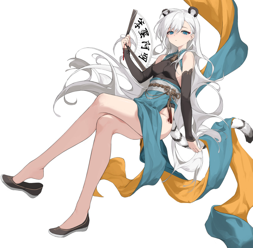 1girl absurdres animal_ears blue_eyes chinese_clothes chinese_text eyeliner hand_fan highres long_hair makeup paper_fan slit_pupils tail tiger_ears tiger_tail white_hair yume_(454565427)