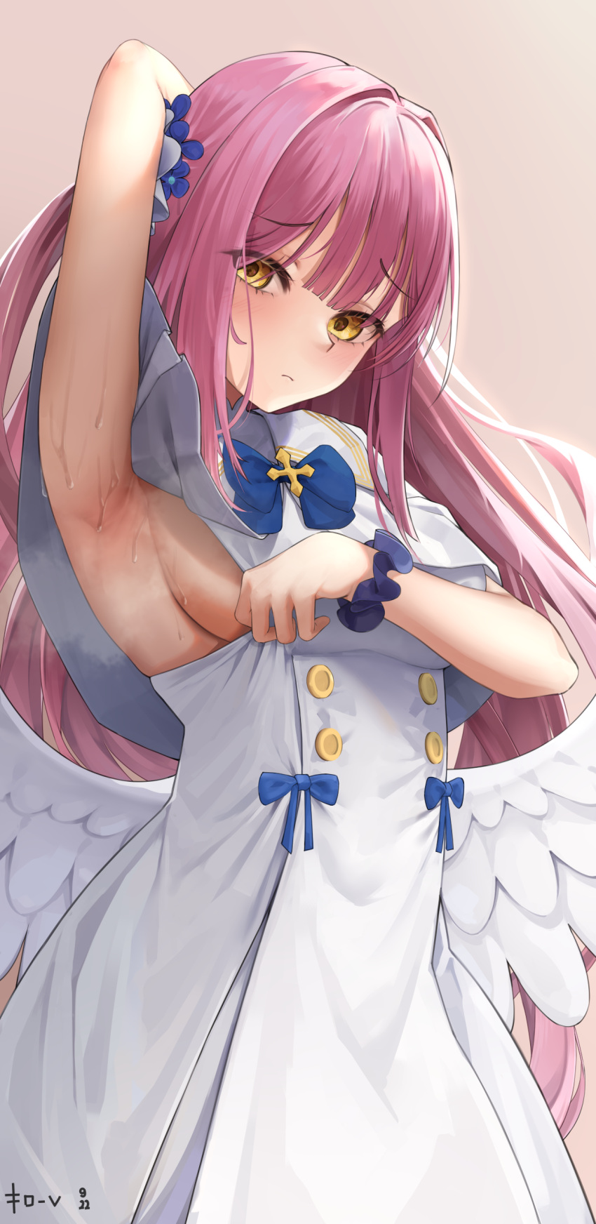 1girl absurdres arm_behind_head arm_up armpits bangs blue_archive blush breasts brown_background dress flower hair_flower hair_ornament highres kidovie long_hair looking_down mika_(blue_archive) pink_hair ribbon scrunchie signature simple_background sleeveless steam steaming_body sweat upper_body white_dress wings wrist_scrunchie yellow_eyes