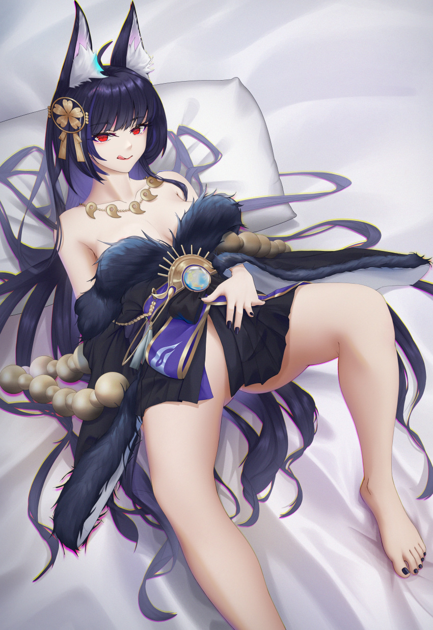 1girl absurdres animal_ear_fluff animal_ears azur_lane bangs bare_legs bare_shoulders barefoot bed black_dress black_nails breasts closed_mouth collarbone dress feet foot_out_of_frame fox_ears grin hair_ornament hairclip hand_on_own_stomach head_on_pillow highres japanese_clothes legs licking_lips lips long_hair looking_at_viewer lying medium_breasts moyus musashi_(azur_lane) nail_polish no_panties on_back on_bed pillow purple_hair red_eyes simple_background smile solo thighs toenail_polish toenails toes tongue tongue_out