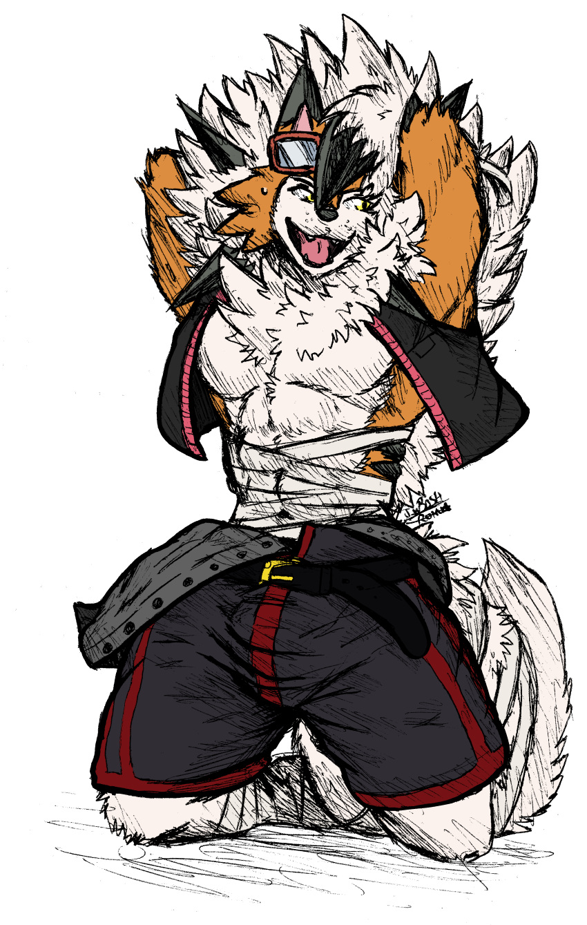 abs absurd_res anthro arm_wraps bandage bottomwear bulge canid canine clothing dusk_lycanroc fluffy fluffy_tail generation_7_pokemon hair hi_res jwbash kyoto_rex lycanroc male male_anthro mammal muscular muscular_male nintendo pokemon pokemon_(species) pokemon_mystery_dungeon shorts sketch solo spiky_hair swimming_goggles topwear unzipped vest video_games wraps