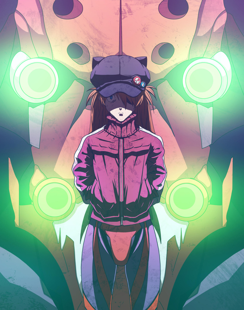 1girl badge black_headwear bodysuit button_badge closed_mouth eva_02 eyepatch highres jacket lucid-shwn mecha neon_genesis_evangelion orange_hair pilot_suit plugsuit rebuild_of_evangelion red_bodysuit red_jacket robot science_fiction souryuu_asuka_langley standing