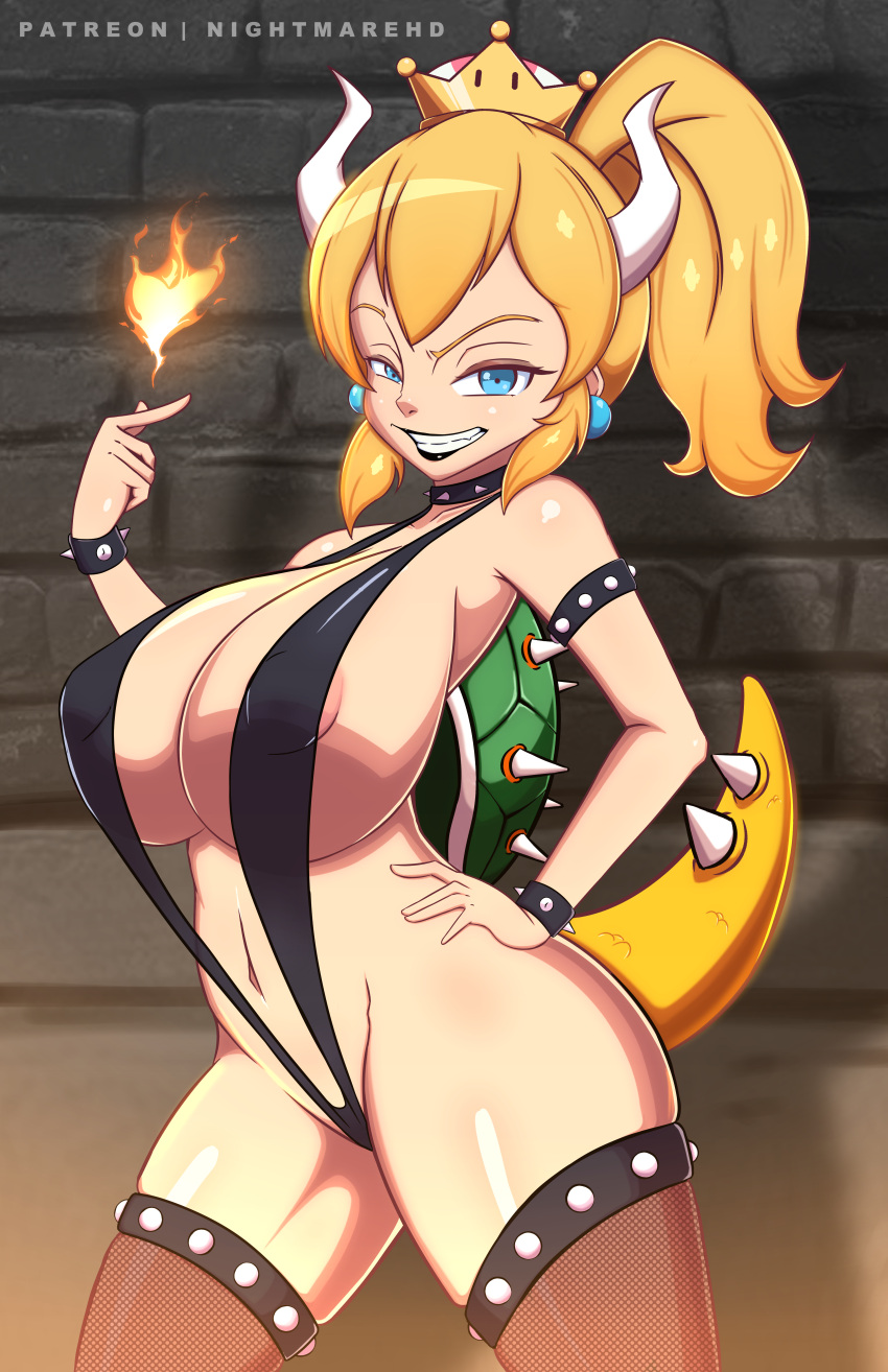 absurd_res alternate_species animal_humanoid areola big_breasts bikini blonde_hair bowser breasts clothing collar crossgender female hair hi_res huge_breasts humanoid humanoidized koopa_humanoid mario_bros mtf_crossgender nightmaredraw nintendo scalie scalie_humanoid sling_bikini solo spiked_collar spikes swimwear video_games