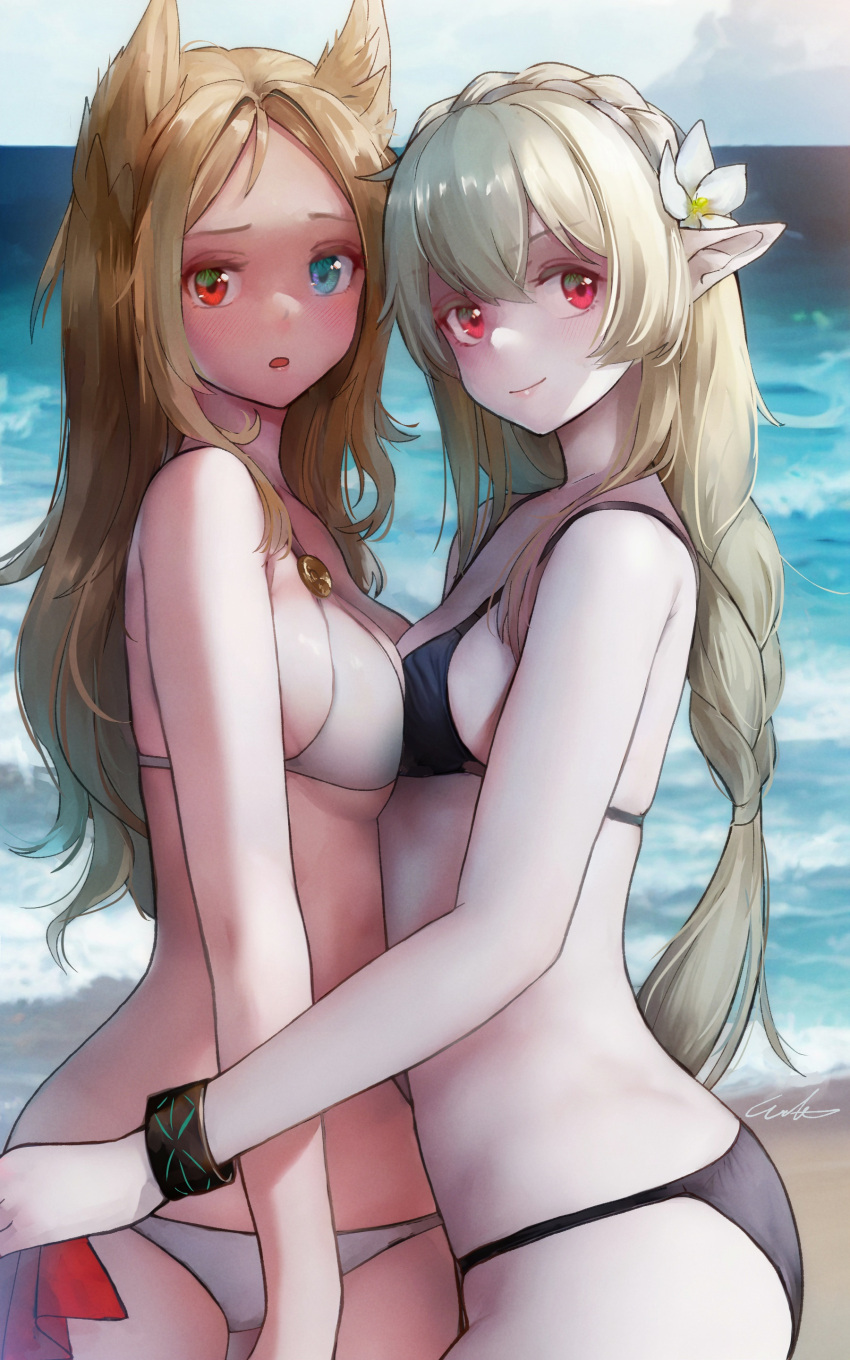 2girls :o absurdres animal_ears archetto_(arknights) arknights asymmetrical_docking beach bikini black_bow blue_eyes blush bow braid breast_press breasts colored_skin crown_braid from_side grey_hair hair_ornament heterochromia highres infection_monitor_(arknights) lion_ears long_hair looking_at_viewer multiple_girls official_alternate_costume pointy_ears red_eyes skindentation small_breasts smile swimsuit thigh_gap warfarin_(arknights) warfarin_(casual_vacation)_(arknights) welt_(kinsei_koutenkyoku) white_bikini white_skin
