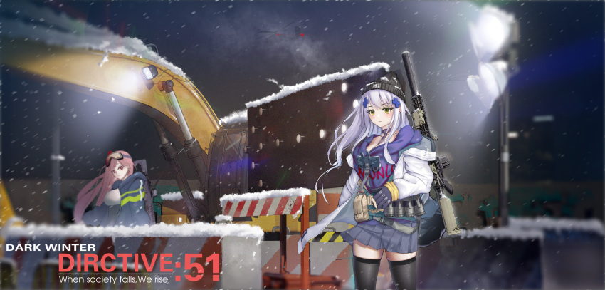 1girl ammunition_belt ammunition_pouch arm_behind_back assault_rifle bangs between_breasts black_headwear black_thighhighs blue_hair blue_jacket blue_skirt blush breasts closed_mouth english_text explosive eyewear_on_head fake_horns feet_out_of_frame girls'_frontline girls'_frontline_neural_cloud gloves green_eyes grenade gun gun_on_back h&amp;k_hk416 hair_ornament hairclip hat highres hk416_(girls'_frontline) hood hoodie horns jacket light_blue_hair lips long_hair long_sleeves looking_at_viewer moyus necktie necktie_between_breasts night night_vision open_clothes open_jacket pink_eyes pink_hair police police_uniform pouch print_hoodie purple_gloves purple_hoodie purple_necktie rifle safety_glasses scenery sidelocks sig_mcx_(girls'_frontline) sig_sauer_mcx skirt snow snowflakes solo standing teardrop_facial_mark teardrop_tattoo thighhighs uniform weapon weapon_on_back white_jacket
