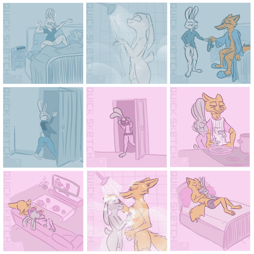 2022 absurd_res alarm_clock andr anthro balls bed bed_sheet bedding bedroom blue_background canid canine casual_nudity cheek_tuft clock clothing comic cooking cookware cuddling digital_drawing_(artwork) digital_media_(artwork) digital_painting_(artwork) disney door dressing duo embrace facial_tuft feet female flaccid fluffy fluffy_ears fluffy_tail fox frying_pan fur furniture genitals grey_body grey_fur hi_res holding_object hug inner_ear_fluff inside interior_view judy_hopps kitchen_utensils lagomorph leporid long_ears long_tail lying male male/female mammal mostly_nude neck_tuft nick_wilde nude on_back orange_body orange_fur paws penis pillow pink_background prick_ears rabbit robe robe_only shaded short_tail shower showering showering_together signature simple_background simple_coloring simple_eyes simple_shading sitting sketch sketchy sleeping smile snout sofa standing steam stretching sweet.lemons television toes tools tuft undressing walk-in walking watching_tv water zootopia