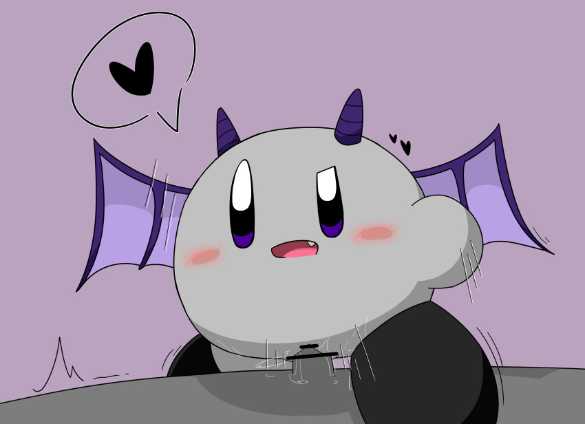 &lt;3 absurd_res bat_wings black_eyes black_heart blush bodily_fluids censor_bar cute_fangs duo female genital_fluids genitals grey_body hi_res horn human male male/female mammal matatama membrane_(anatomy) membranous_wings motion_lines not_furry penetration purple_sclera purple_wings pussy pussy_juice shadow_kirby simple_background size_difference smaller_female speech_bubble vaginal vaginal_penetration waddling_head wings