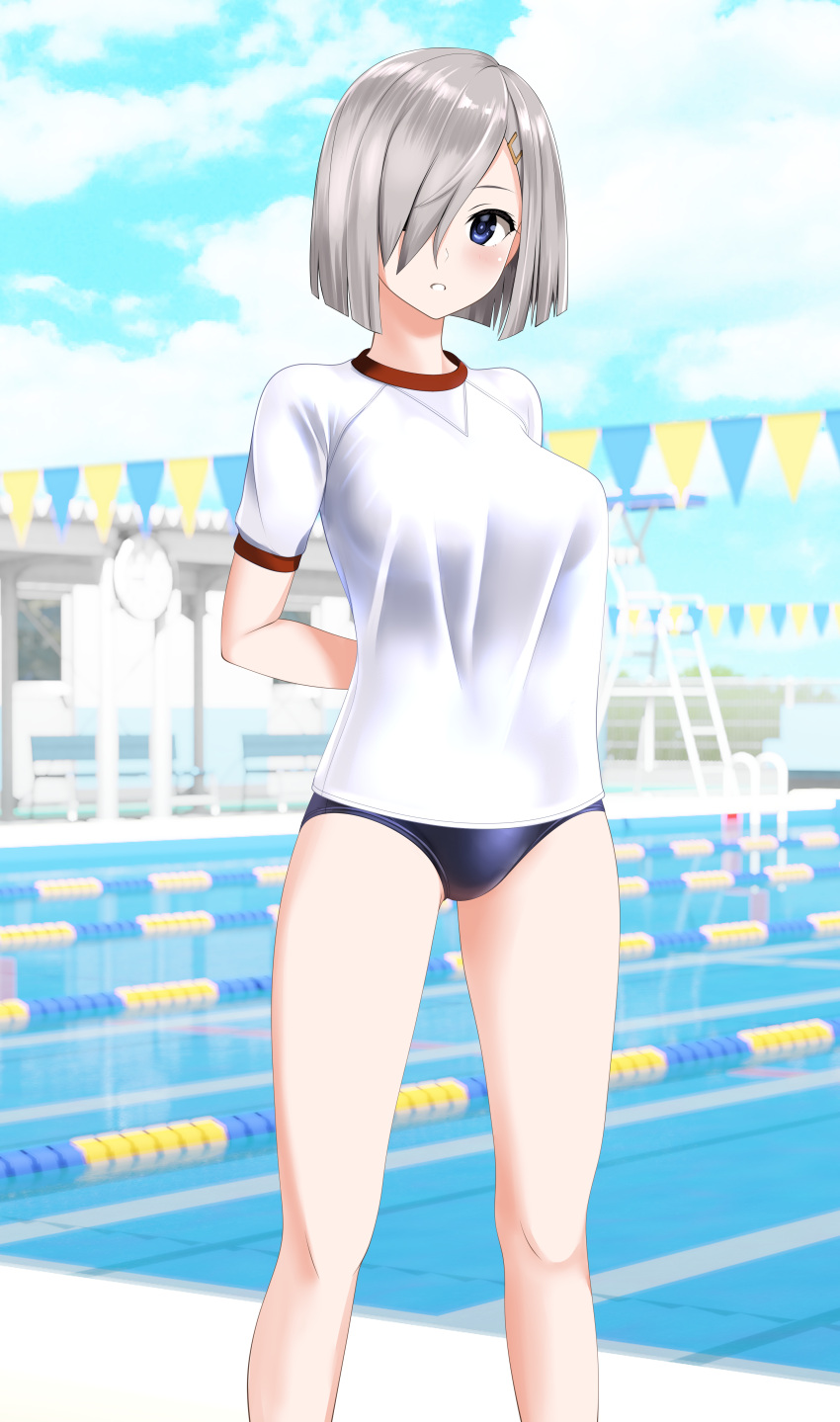 1girl absurdres alternate_costume arms_behind_back blue_eyes blue_one-piece_swimsuit blue_sky breasts cloud commentary_request competition_school_swimsuit day feet_out_of_frame grey_hair gym_shirt hair_ornament hair_over_one_eye hairclip hamakaze_(kancolle) highres kantai_collection lane_line large_breasts looking_at_viewer outdoors parted_lips pool school_swimsuit shirt short_hair sky solo string_of_flags swimsuit swimsuit_under_clothes t-shirt takafumi white_shirt
