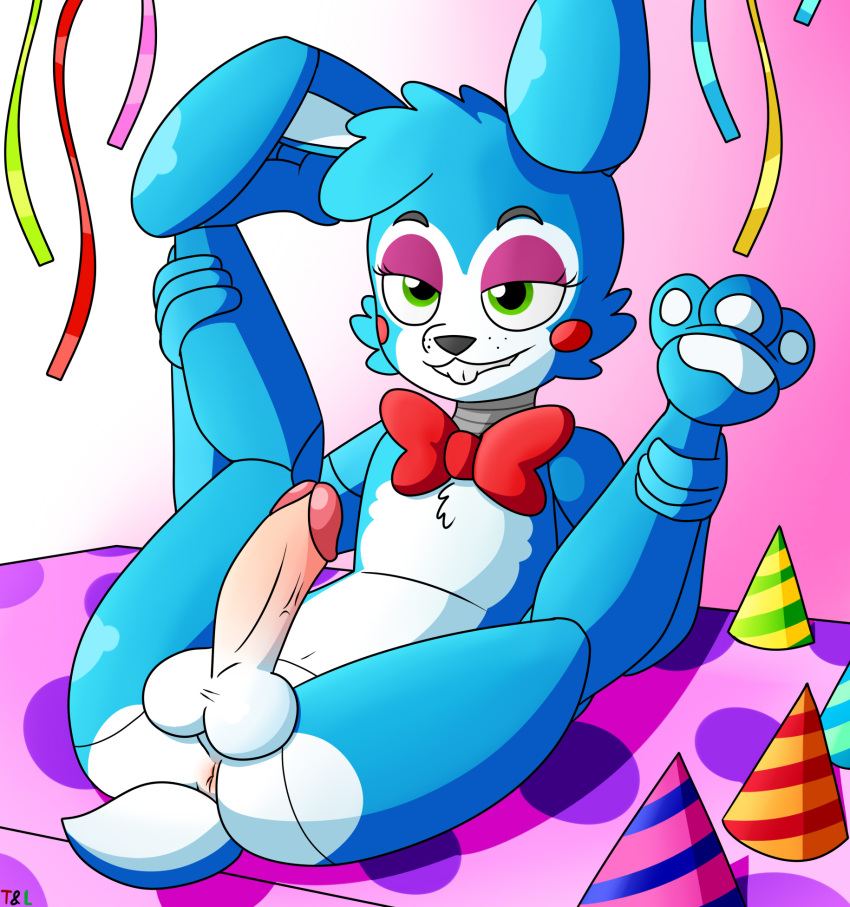 2020 animatronic anthro anus balls black_nose blue_body blue_hair buckteeth clothing confetti_streamer five_nights_at_freddy's five_nights_at_freddy's_2 freckles furniture genitals green_eyes hair hat headgear headwear hi_res holding_legs lagomorph lechugansfw leporid machine male mammal multicolored_body narrowed_eyes party_hat penis pink_background rabbit red_bow_tie robot scottgames simple_background solo spread_legs spreading table teeth toy_bonnie_(fnaf) video_games white_body white_paws
