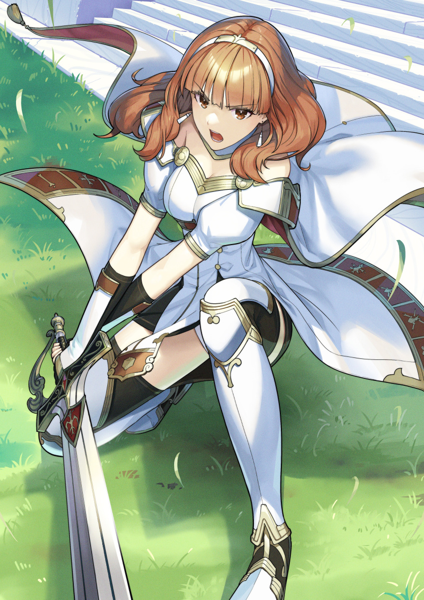 1girl absurdres armored_boots bare_shoulders black_shorts black_thighhighs boots breasts cape celica_(fire_emblem) cleavage commission dress fighting_stance fire_emblem fire_emblem_echoes:_shadows_of_valentia foreshortening grass highres holding holding_sword holding_weapon long_hair looking_at_viewer open_mouth red_eyes red_hair serious short_shorts shorts skeb_commission sleeveless solo souto_(0401) squatting stairs sword thighhighs tiara v-shaped_eyebrows weapon white_cape white_dress