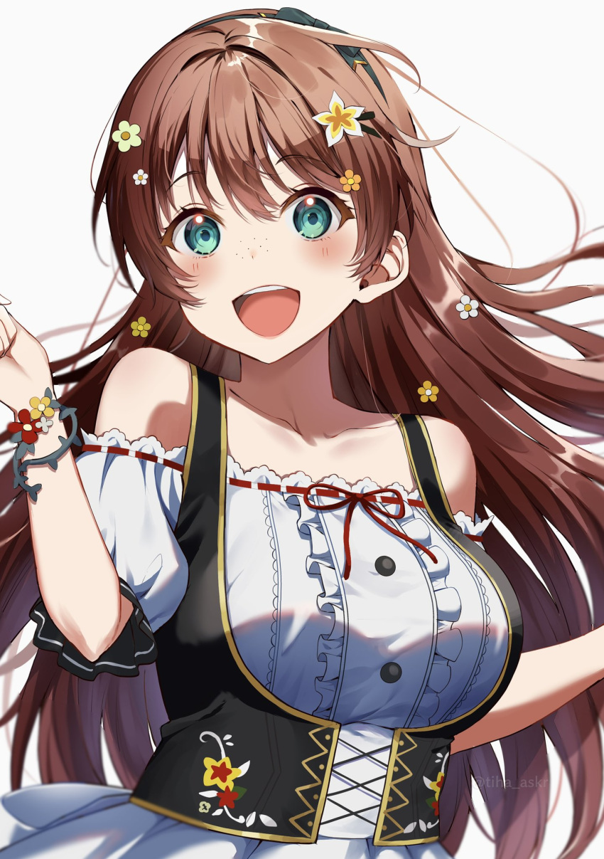 1girl bow breasts brown_hair emma_verde flower freckles green_eyes hair_flower hair_ornament hairclip happy highres large_breasts long_hair love_live! love_live!_nijigasaki_high_school_idol_club mia_(fai1510) open_mouth red_bow swiss_clothes white_background wrist_flower
