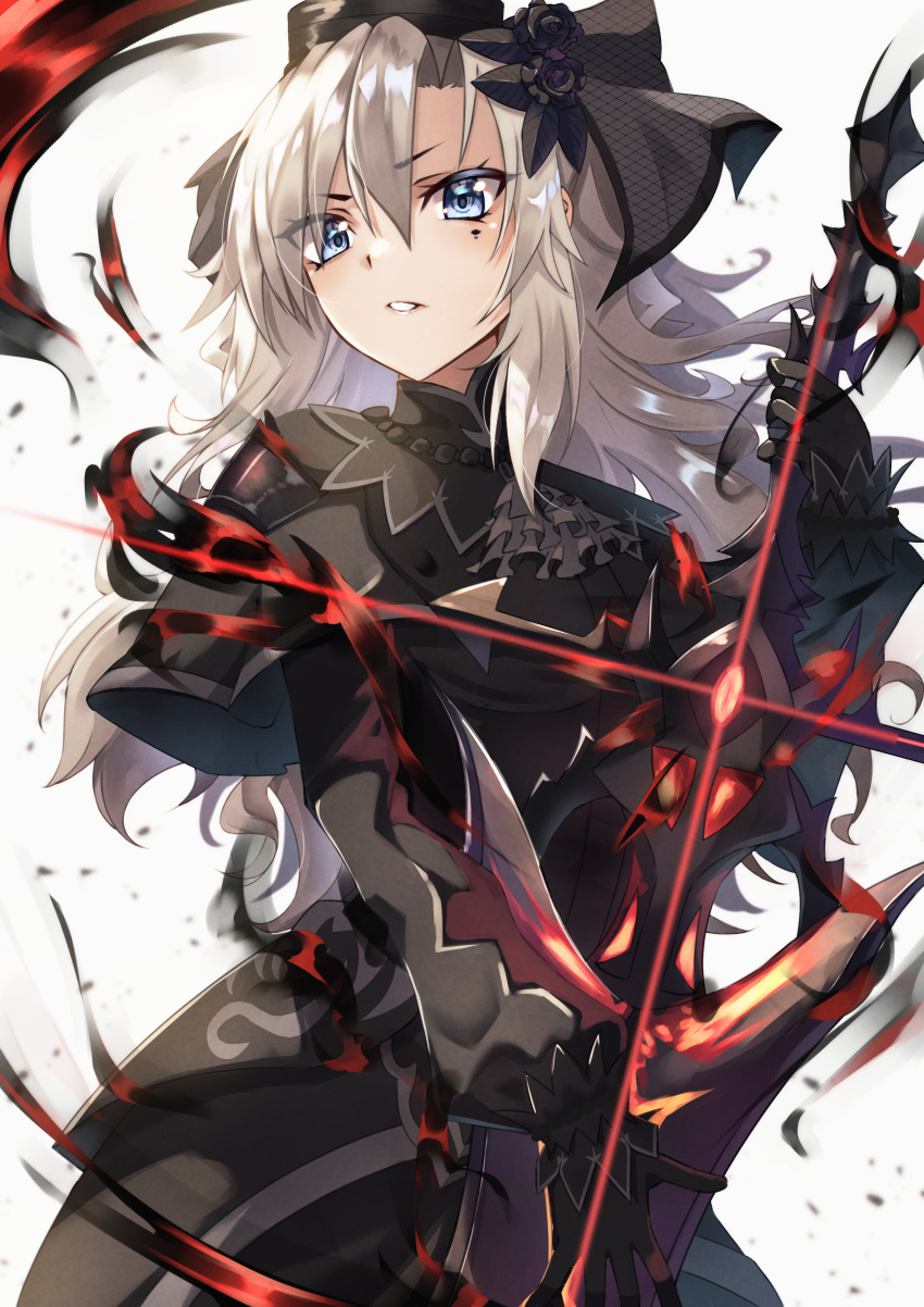 1girl absurdres balmung_(fate/apocrypha) black_capelet black_dress black_flower black_headwear black_rose blonde_hair breasts capelet dress fate/grand_order fate_(series) flower funeral_dress grey_eyes highres kriemhild_(fate) long_hair looking_away medium_breasts mole mole_under_eye one_heart1201 rose simple_background solo veil white_background