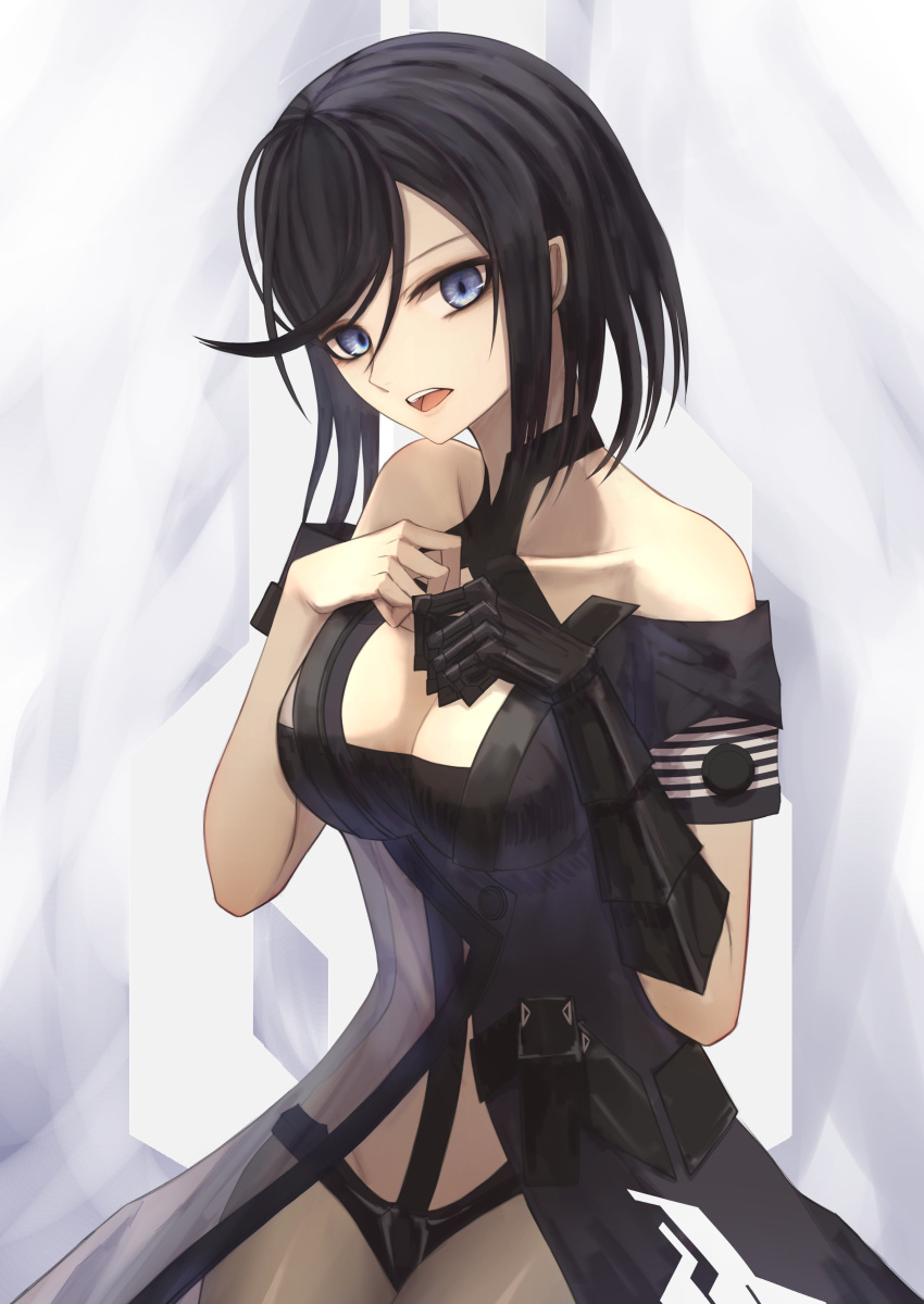 1girl absurdres arms_up bangs bare_shoulders black_dress black_hair blue_eyes breasts cleavage collarbone dress girls'_frontline highres intruder_(girls'_frontline) long_hair looking_at_viewer mechanical_arms medium_breasts open_mouth parted_lips sangvis_ferri simple_background single_mechanical_arm sitting solo teeth thomas_8000 upper_teeth