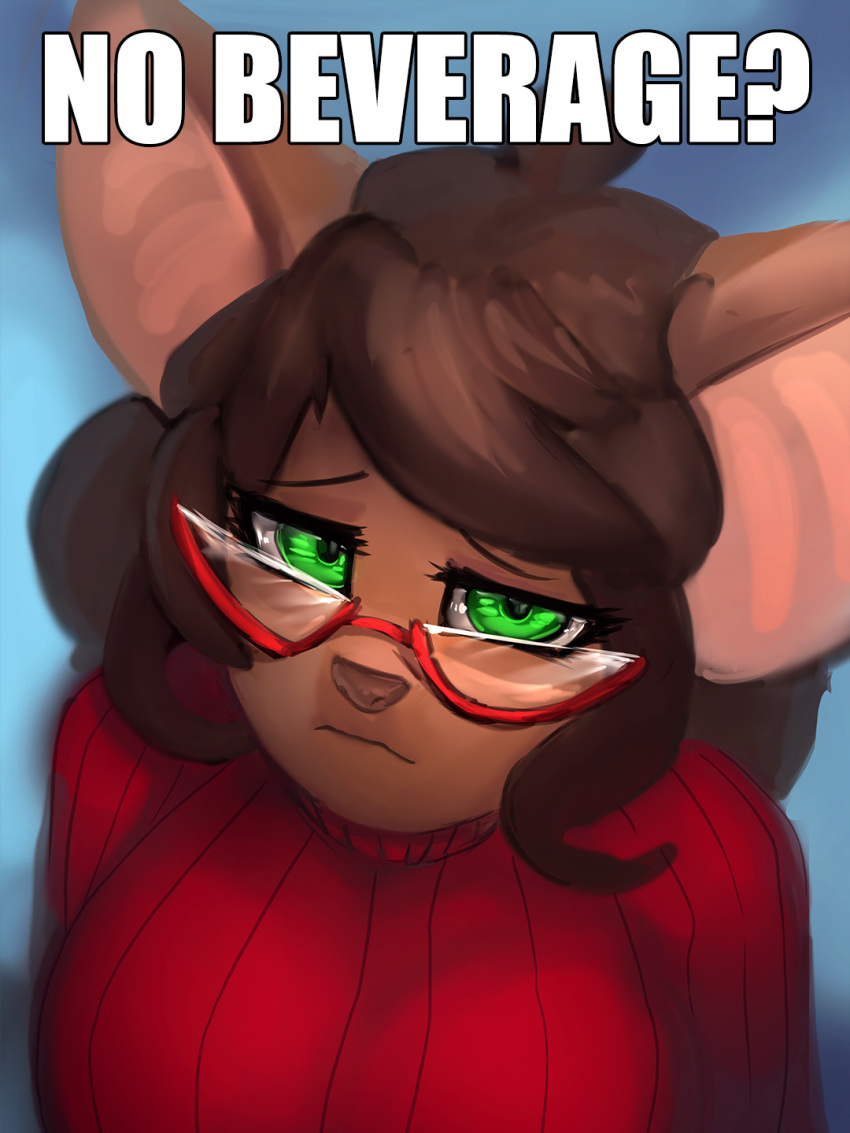 2022 3:4 anthro brown_hair clothing disappointed english_text eyewear female general-irrelevant glasses green_eyes hair hi_res looking_at_viewer mammal margaret_de_campos mice_tea mouse murid murine no_bitches? red_clothing red_eyewear red_glasses red_sweater red_topwear rodent solo sweater text topwear
