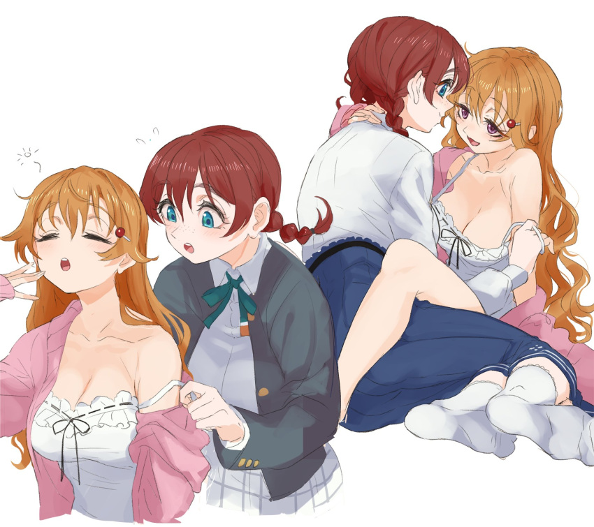 2girls brown_hair closed_eyes emma_verde freckles green_eyes hair_ornament hairclip happy highres konoe_kanata long_hair looking_at_another love_live! love_live!_nijigasaki_high_school_idol_club monowe multiple_girls purple_eyes school_uniform seductive_smile sleepy smile yawning yuri