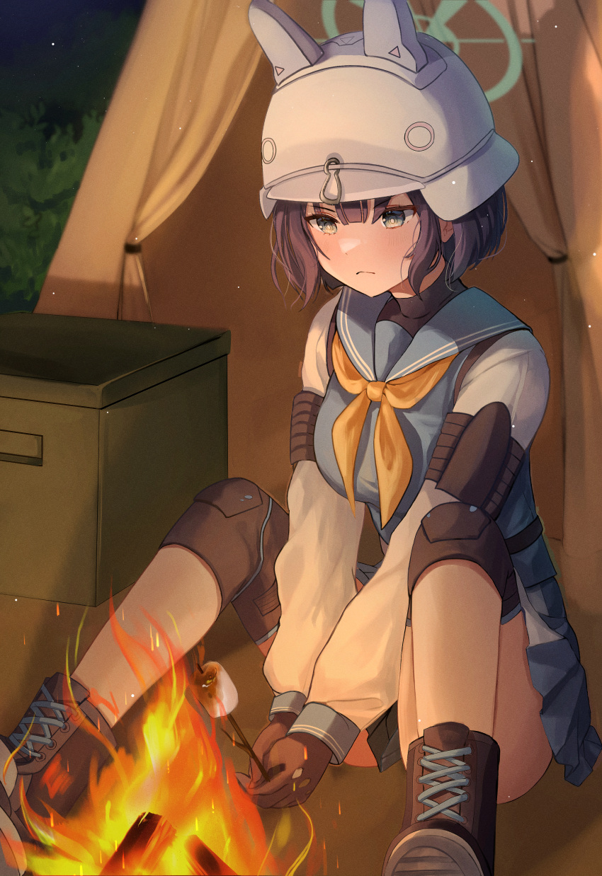 1girl absurdres blue_archive blush breasts cooking fire food gloves green_eyes halo helmet highres holding knee_pads large_breasts long_sleeves marshmallow neckerchief night pleated_skirt saki_(blue_archive) short_hair skirt solo spread_legs yellow_neckerchief