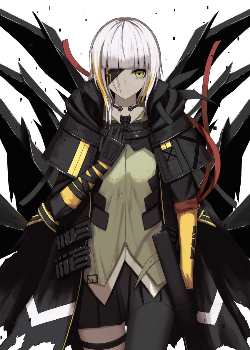 1girl absurdres bangs black_gloves black_jacket black_skirt black_thighhighs breasts closed_mouth eyepatch feet_out_of_frame girls'_frontline gloves hand_on_own_chest highres hood hood_down hooded_jacket jacket long_hair looking_at_viewer m16a1_(boss)_(girls'_frontline) m16a1_(girls'_frontline) medium_breasts multicolored_hair open_clothes open_jacket sangvis_ferri scar scar_across_eye shirt single_thighhigh skirt solo standing streaked_hair thighhighs thomas_8000 white_background white_hair yellow_eyes yellow_shirt