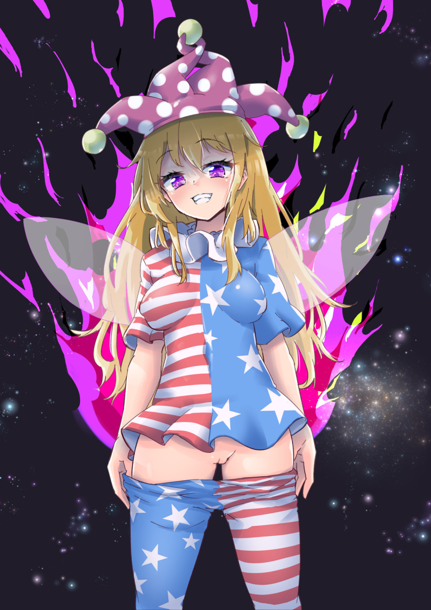 1girl absurdres american_flag_dress american_flag_legwear blonde_hair blush clothes_pull clownpiece dress fairy fairy_wings grin hair_between_eyes hat highres hits_(hitstts) jester_cap long_hair pantyhose pantyhose_pull pink_eyes pink_headwear polka_dot polka_dot_headwear pussy smile solo star_(symbol) star_print striped striped_dress striped_pantyhose touhou wings