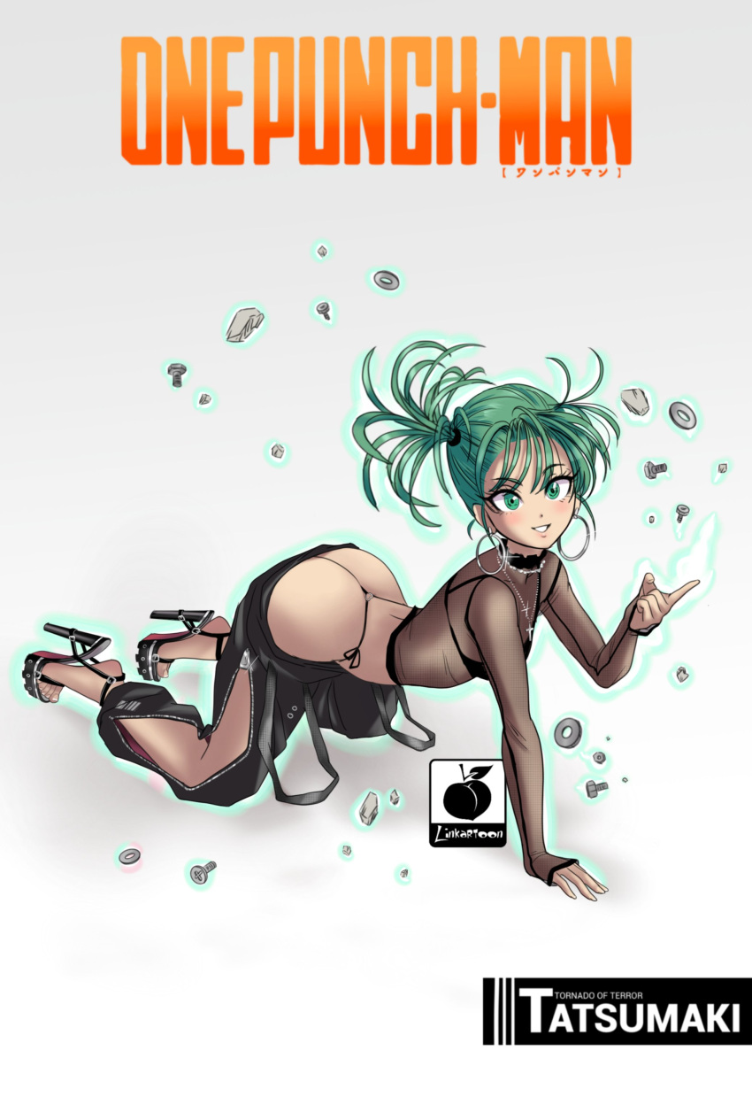 1girl absurdres ass bangs breasts choker curly_hair green_eyes green_hair high_heels highres linkartoon looking_at_viewer one-punch_man psychic short_hair simple_background small_breasts solo tatsumaki telekinesis twintails underwear