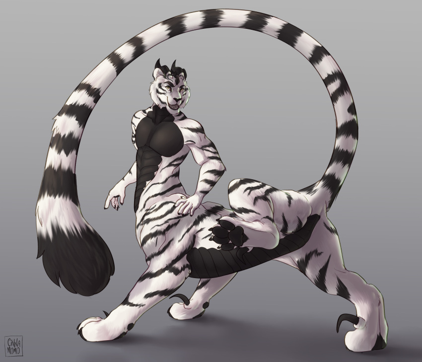 absurd_res adux belly_scales black_horn black_stripes cinnamomo claws countershading felid fur hi_res horn hybrid long_tail male mammal pantherine raised_leg raised_tail scales smile solo stripes taur tiger white_body white_fur