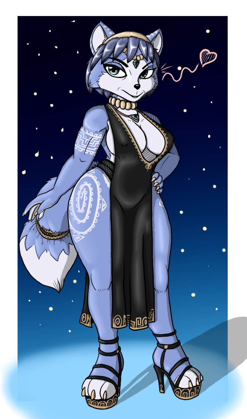 2022 anthro arm_tattoo big_breasts blue_body blue_eyes blue_fur blue_hair breasts canid canine cerinian cleavage clothed clothing cocktail_dress colored_nails crown digital_drawing_(artwork) digital_media_(artwork) dress female footwear fox fur gold_(metal) gold_jewelry hair hi_res high_heels jewelry krystal leg_tattoo mammal nails necklace nintendo omegasunburst pendant pinup pose solo star_fox tattoo thick_thighs tiara video_games waifu