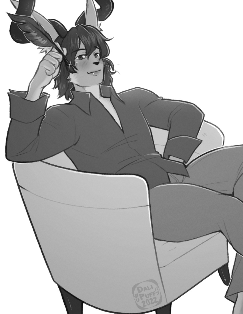 anthro antlers blush chair clothed clothing dalipuff digital_media_(artwork) english_text furniture greyscale hair hi_res horn jackalope lagomorph looking_at_viewer loose_feather male mammal monochrome quill simple_background sitting smile solo text