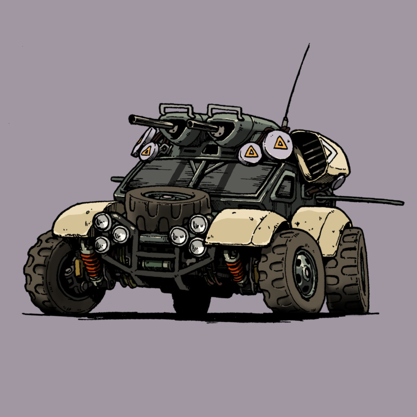 absurdres car gottani ground_vehicle gun highres motor_vehicle no_humans original purple_background radio_antenna science_fiction shadow solo vehicle_focus weapon wheel