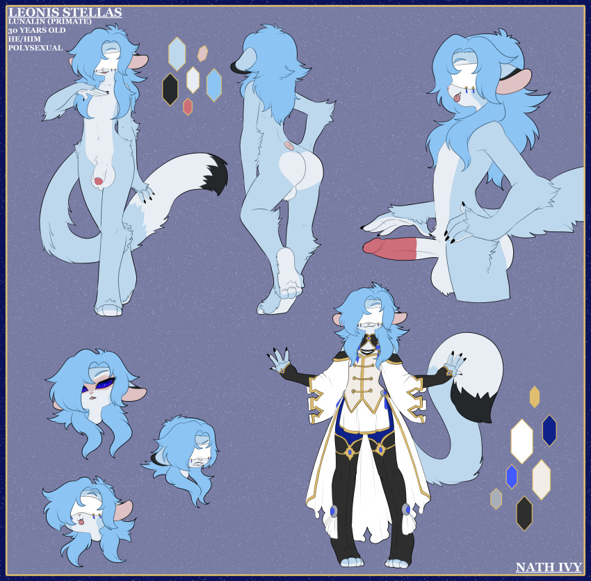 absurd_res anthro balls blue_body blue_fur blue_hair butt clothed clothing color_swatch facial_expressions fluffy fluffy_tail fur genitals hair haplorhine hi_res humanoid leonis_stellas long_tail lunalin magic_user male mammal model_sheet monkey nathivy nude penis primate solo