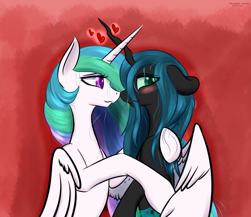 &lt;3 2022 arm_around_neck arthropod black_body blush changeling duo embrace equid equine feathered_wings feathers female female/female feral friendship_is_magic frown fur green_eyes hasbro hi_res hooves horn hug looking_at_another looking_away mammal mane multicolored_mane my_little_pony princess_celestia_(mlp) queen_chrysalis_(mlp) red_background renarde-louvre simple_background teal_mane using_wings white_body white_feathers white_fur white_wings wing_hug winged_unicorn wings