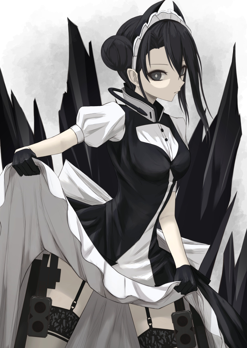 1girl absurdres agent_(girls'_frontline) bangs black_eyes black_gloves black_hair black_thighhighs breasts closed_mouth clothes_lift double_bun dress dress_lift feet_out_of_frame from_side garter_belt garter_straps girls'_frontline gloves hair_bun highres long_hair looking_at_viewer maid maid_headdress medium_breasts sangvis_ferri short_sleeves solo standing thighhighs thomas_8000 white_background