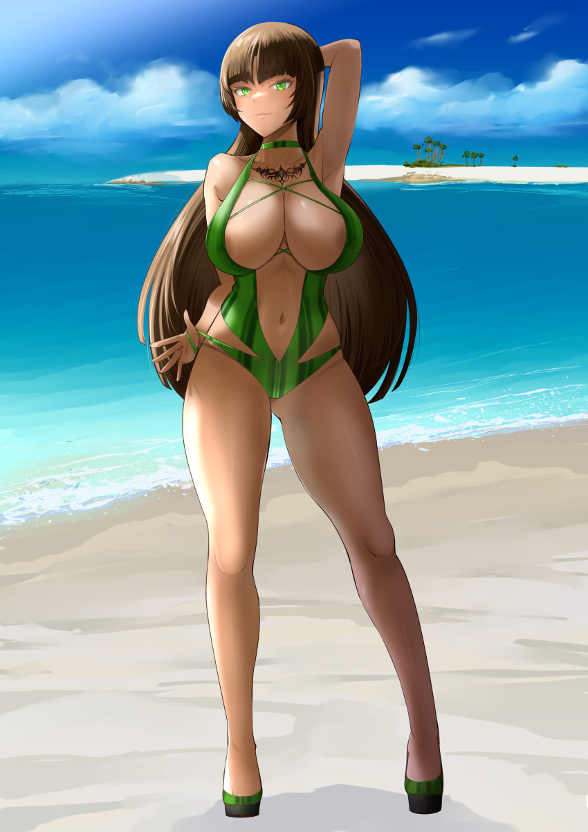 1girl absurdres arm_behind_back arm_behind_head bangs bare_shoulders beach blue_sky breasts brown_hair chest_tattoo closed_mouth collarbone commentary commission covered_nipples dark-skinned_female dark_skin felicia_castro full_body green_eyes green_one-piece_swimsuit highres large_breasts legs lips long_hair looking_at_viewer navel ocean original palm_tree pixiv_request sand sandals sankyo_(821-scoville) sky smile solo standing stomach swimsuit tattoo thighs tree