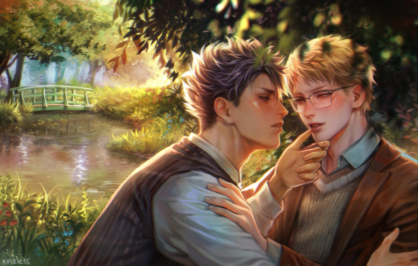 2boys asya_(krizless) bangs black_hair blonde_hair blush bridge brown_jacket day english_commentary eye_contact flower forest glasses grabbing_another's_chin grass haikyuu!! hand_on_another's_chin highres imminent_kiss jacket kuroo_tetsurou long_sleeves looking_at_another male_focus multiple_boys nature outdoors parted_lips picnic plant river shirt short_hair smile tree tsukishima_kei vest water white_shirt wood wooden_bridge yaoi