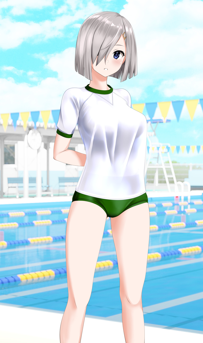 1girl absurdres alternate_costume arms_behind_back blue_eyes blue_sky breasts buruma cloud commentary_request day feet_out_of_frame green_buruma grey_hair gym_shirt gym_uniform hair_ornament hair_over_one_eye hairclip hamakaze_(kancolle) highres kantai_collection lane_line large_breasts looking_at_viewer outdoors parted_lips pool shirt short_hair sky solo string_of_flags t-shirt takafumi untucked_shirt white_shirt