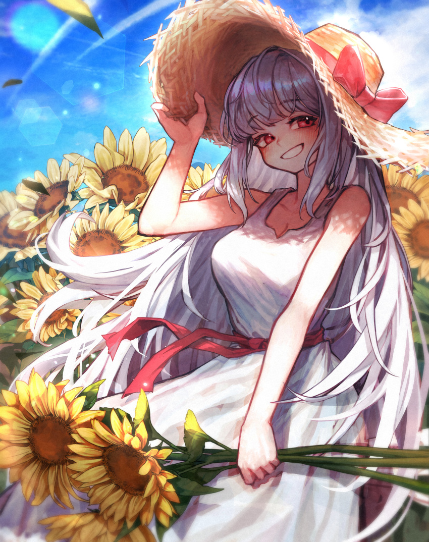 1girl absurdres blue_sky blush bow breasts cleavage cloud day dress flower gilmang grey_hair hat hat_bow highres holding holding_flower lens_flare long_hair outdoors red_bow red_eyes sky standing straw_hat sun_hat sunflower very_long_hair white_dress