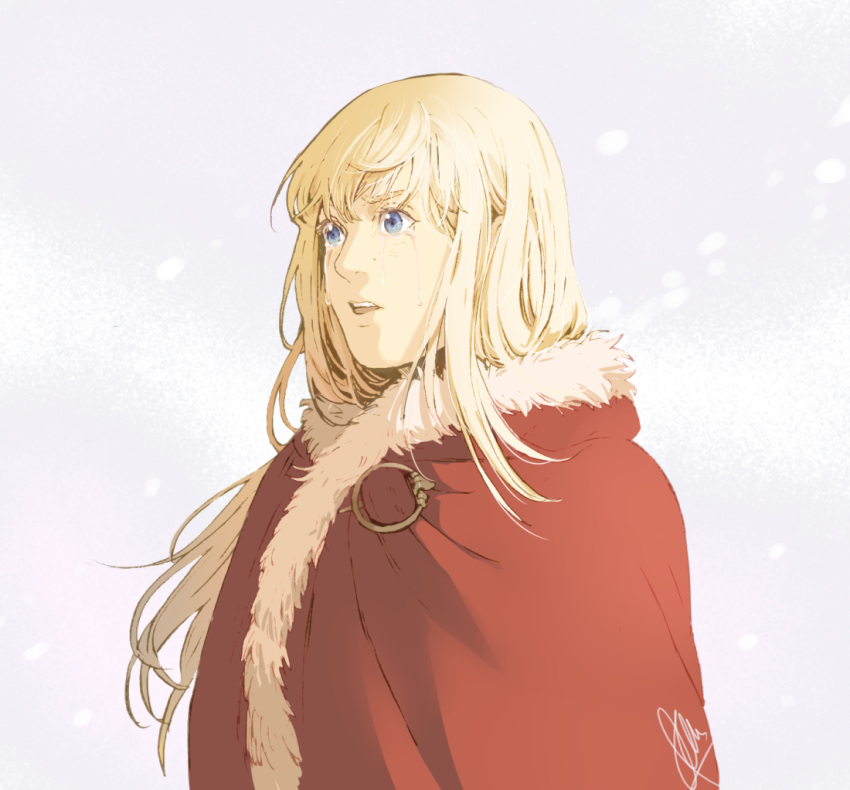 1boy bangs blonde_hair blue_eyes canute cape fur_trim long_hair red_cape straight_hair tears tiramkaram viking vinland_saga