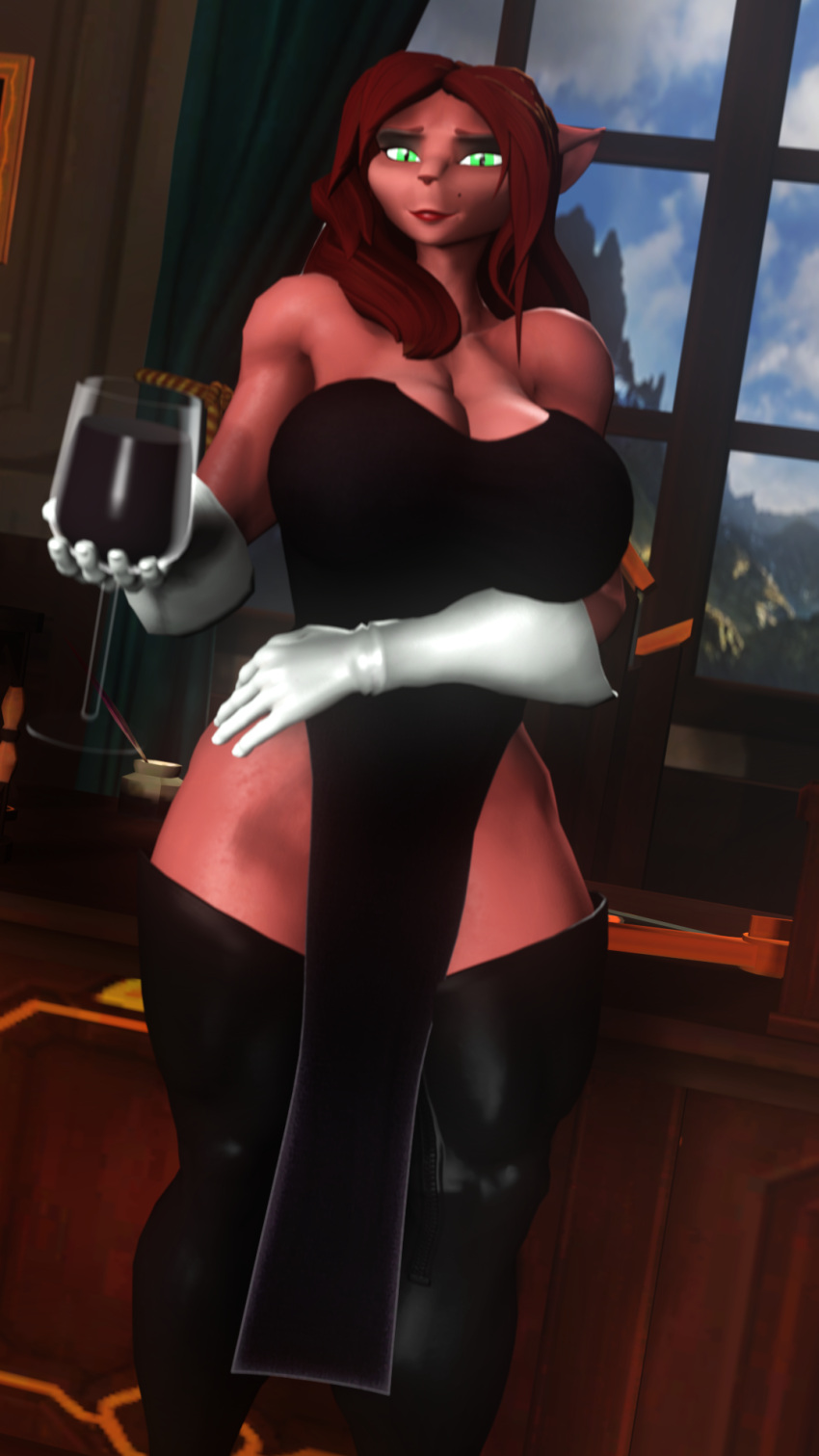 3d_(artwork) alcohol alien animal_humanoid anthro beverage boots breasts captain_amelia clothing container cup digital_media_(artwork) disney dress drinking_glass felid felid_humanoid female footwear glass glass_container glass_cup gloves handwear hi_res humanoid legwear looking_at_viewer mammal mammal_humanoid sanguine_paladin solo source_filmmaker thigh_boots thigh_highs treasure_planet wine wine_glass