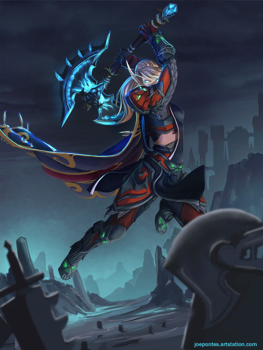1girl armor axe blood_elf_(warcraft) blue_eyes cape death_knight death_knight_(warcraft) elf fighting_stance gauntlets glowing glowing_eyes highres joepontes long_eyebrows long_pointy_ears midriff pointy_ears ponytail shoulder_armor warcraft weapon white_hair world_of_warcraft