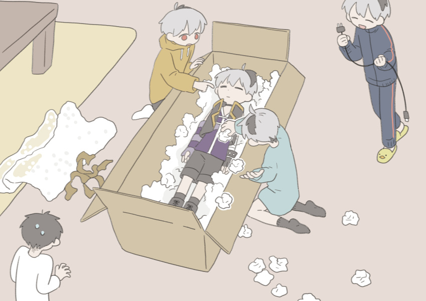 1boy 4girls absurdres androgynous android aqua_shirt arm_warmers bandaged_arm bandages black_hair blue_jacket blue_pants box bubble_wrap cable cardboard_box clone closed_eyes commentary duct_tape flower_(vocaloid) flower_(vocaloid4) grey_hair highres holding holding_cable hood hoodie jacket lying master_(vocaloid) milanomarun multicolored_hair multiple_girls on_back orange_hoodie pants pointing purple_shirt red_eyes shirt short_hair shorts single_arm_warmer sleeveless sleeveless_jacket sleeveless_shirt streaked_hair styrofoam sweat table tossing track_jacket track_pants vocaloid