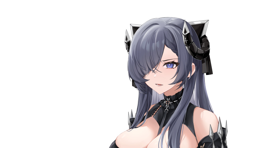 1girl absurdres august_von_parseval_(azur_lane) azur_lane between_breasts black_dress blue_eyes breasts chinese_commentary cleavage collar detached_sleeves dress frilled_collar frills grey_hair hair_over_one_eye highres horns large_breasts long_hair parted_lips portrait sidelocks simple_background solo vikki white_background