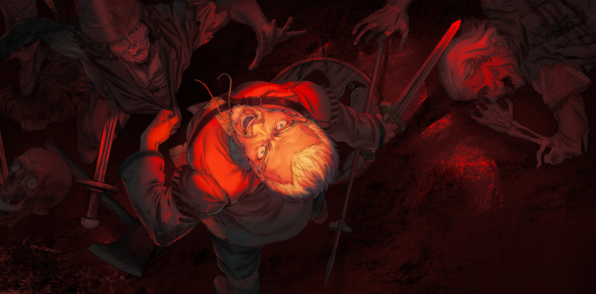 5boys absurdres askeladd blonde_hair corpse from_above helmet highres looking_at_viewer missing_teeth multiple_boys screaming shield skeletal_hand sword v_(1164546218) viking vinland_saga weapon