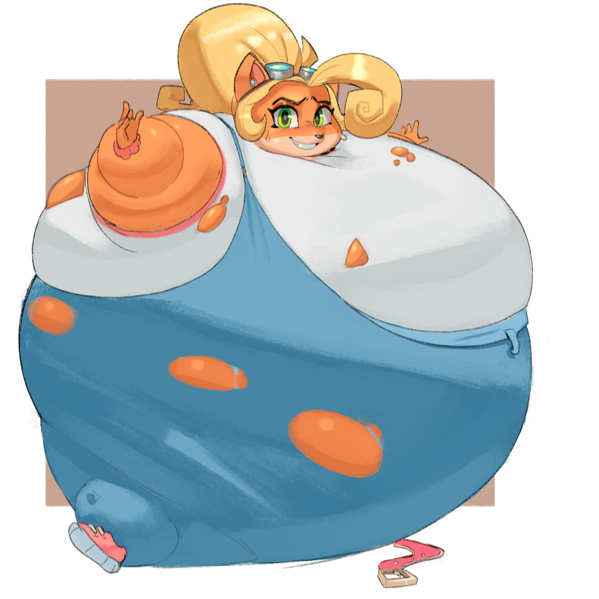activision anthro blonde_hair bodily_fluids coco_bandicoot crash_bandicoot_(series) female fur hair hi_res inflation long_hair morbidly_obese nervous nervous_smile nuumatic obese overweight solo sweat video_games