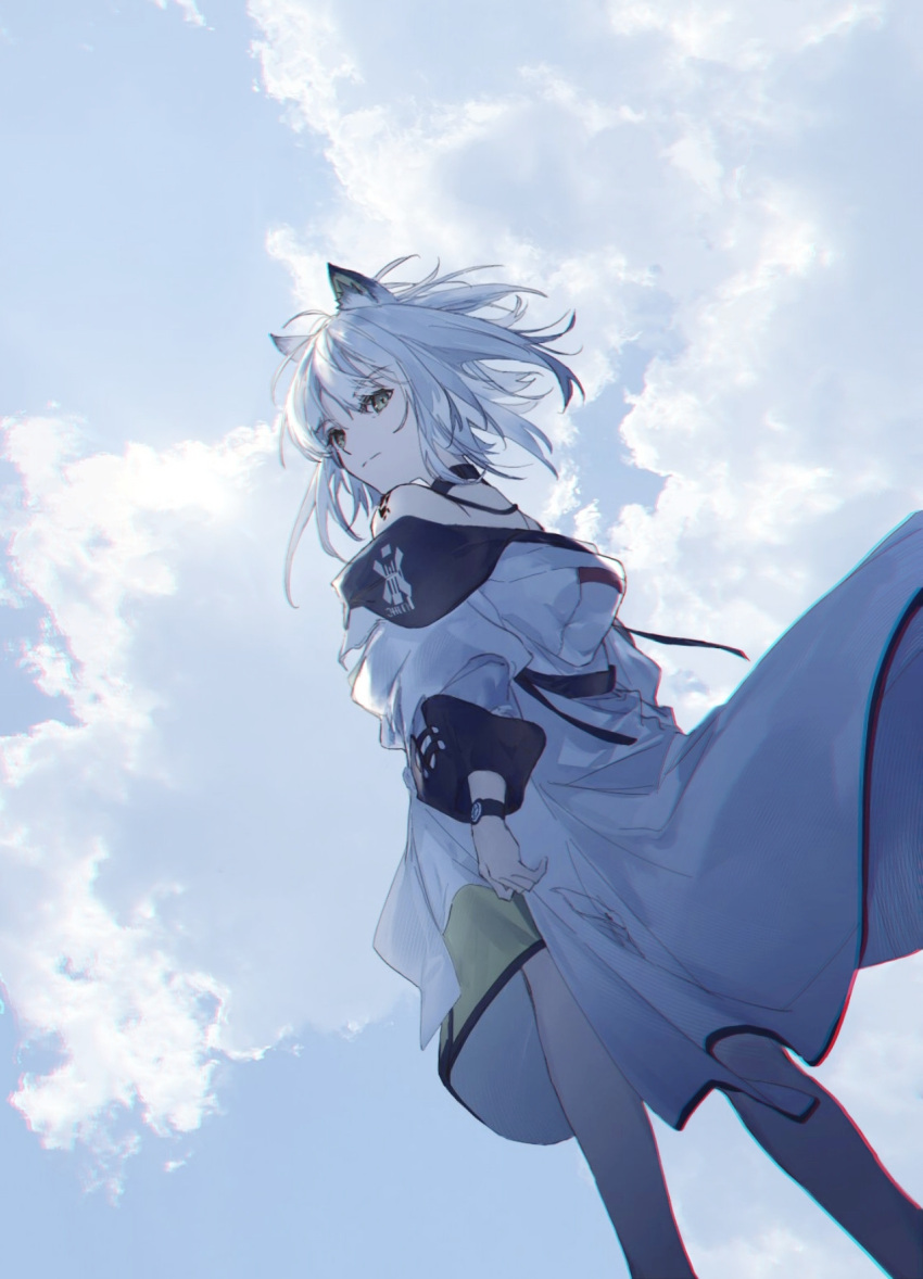 1girl animal_ears arknights bare_legs black_choker cat_ears cheonyeon-hi choker cloud cloudy_sky coat dress feet_out_of_frame green_dress green_eyes grey_hair grey_sky highres kal'tsit_(arknights) looking_at_viewer looking_back off_shoulder oripathy_lesion_(arknights) outdoors short_hair sky solo standing white_coat