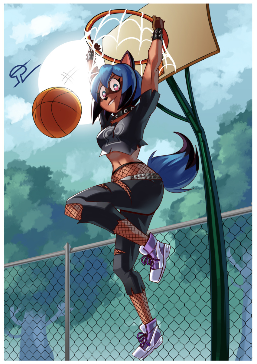 5_fingers alvh-omega anthro ball basketball basketball_(ball) basketball_hoop belt black_clothing black_nose black_shirt black_topwear blue_body blue_eyes blue_hair bottomwear bracelet brand_new_animal breasts brown_body brown_fur canid canine chain-link_fence clothed clothing collar denim denim_clothing digital_media_(artwork) eyelashes female fence fingers fishnet fishnet_legwear fluffy fluffy_tail footwear fur goth hair hi_res jeans jewelry legwear looking_at_viewer mammal michiru_kagemori navel open_mouth outside pants plant purple_clothing purple_footwear purple_shoes raccoon_dog shirt shoes sky slam_dunk smile solo spiked_bracelet spiked_collar spikes studio_trigger tanuki topwear torn_bottomwear torn_clothing torn_jeans torn_pants