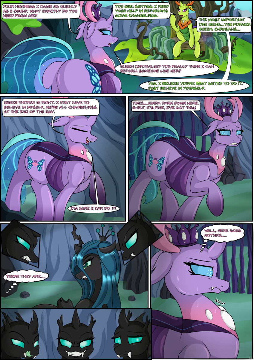 absurd_res arthropod blue_eyes chair changeling comic cutie_mark dialogue english_text fan_character fangs female friendship_is_magic furniture hasbro hi_res horn male my_little_pony novaspark purple_eyes queen_chrysalis_(mlp) sektiss text thorax_(mlp) throne