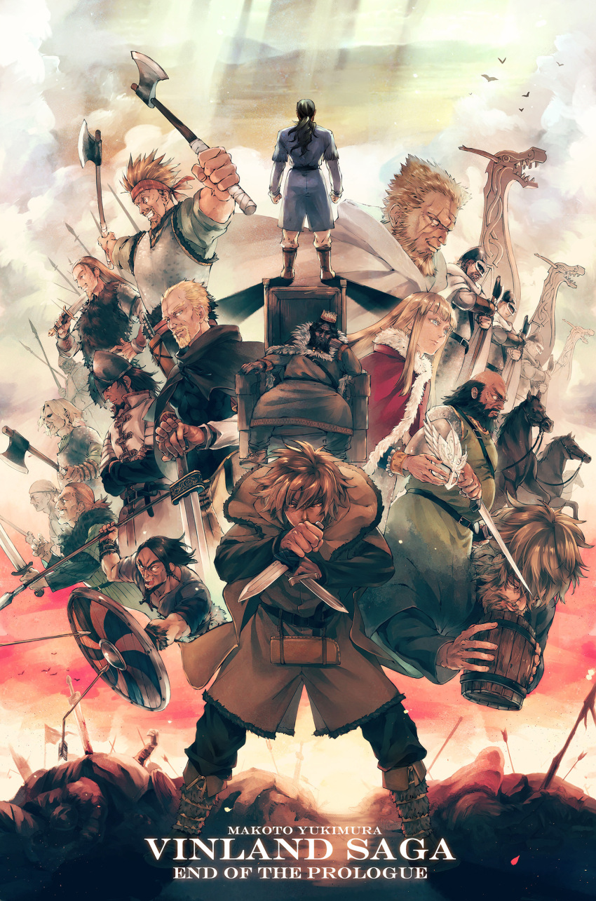 6+boys armor asgeir askeladd axe bjorn_(vinland_saga) black_hair blonde_hair blue_eyes canute crown dagger everyone floki helmet highres knife light_lee longship multiple_boys ragnar_(vinland_saga) shield sweyn_(vinland_saga) sword thorfinn thorkell thors throne tunic viking vinland_saga warrior weapon